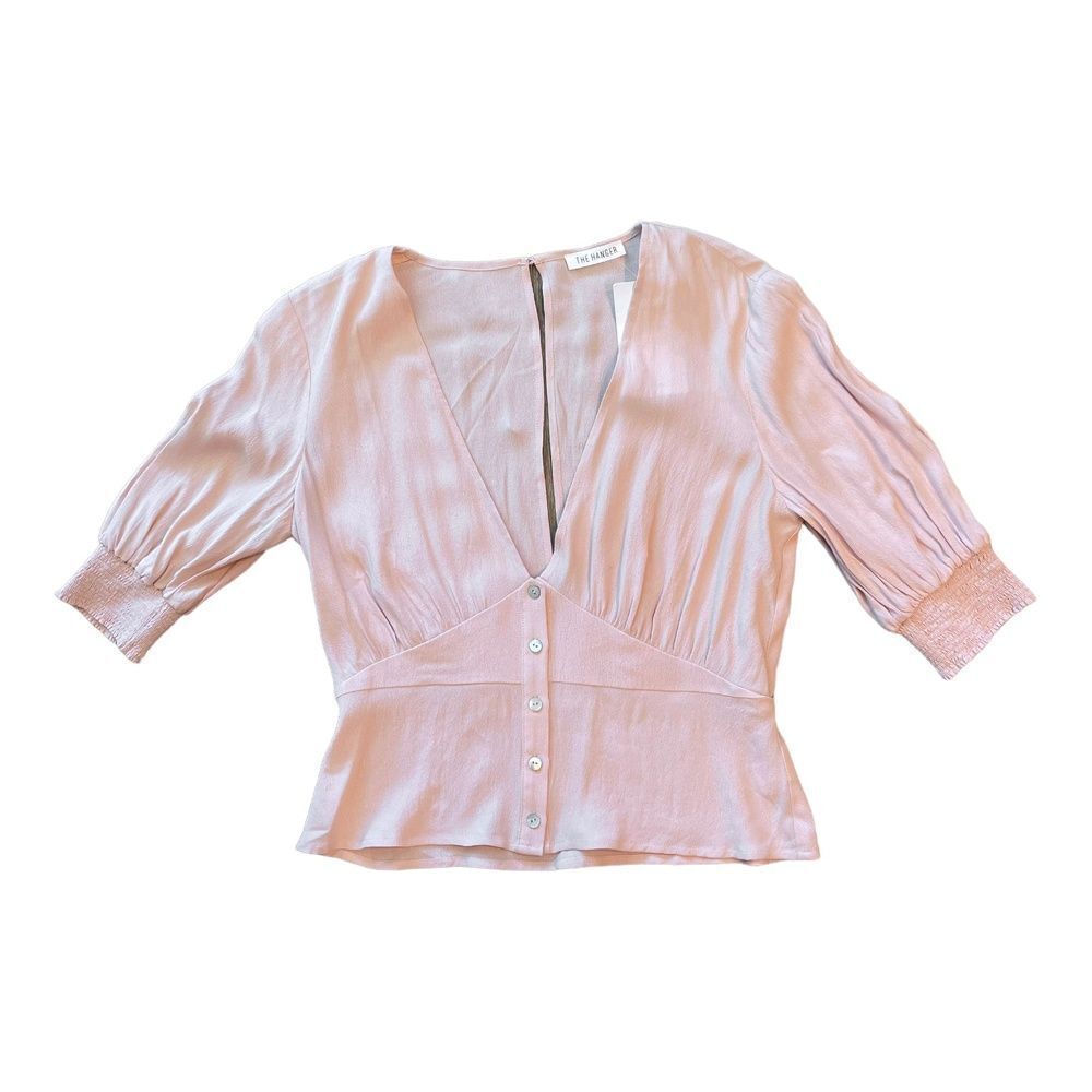 NWT The Hanger Womens Top V-neck Button Pink Short Puff Sleeve Slit Back S